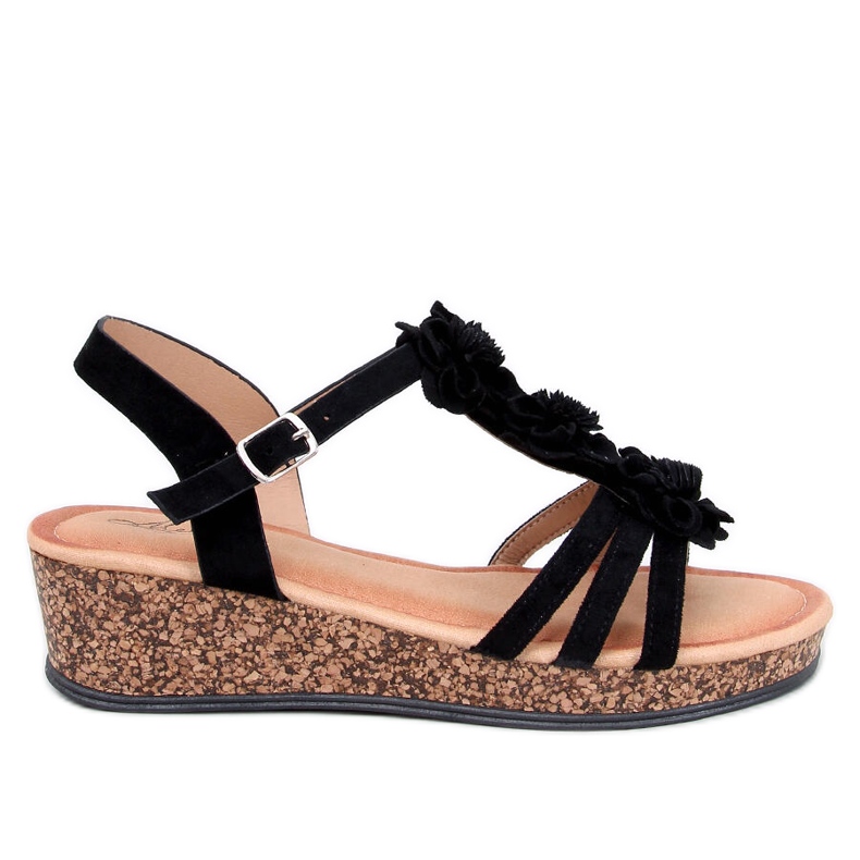 Fisken Sandale cu pană cu flori negre negru Fisken Sandale cu pană cu flori negre negru