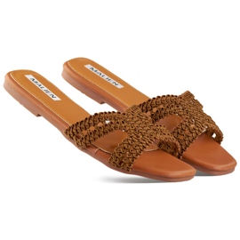 Slapi de damă maro din dantelă cu talpă plată