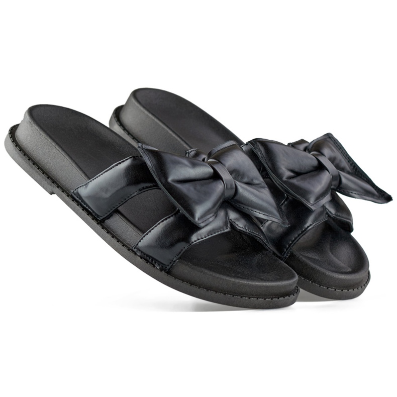 Papuci de dama negre cu fundita din piele ecologica negru Papuci de dama negre cu fundita din piele ecologica negru