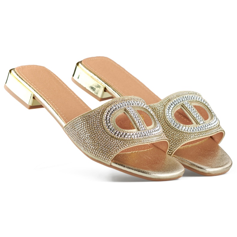 Papuci de damă eleganti, aurii, cu paiete, cu toc joasă de aur