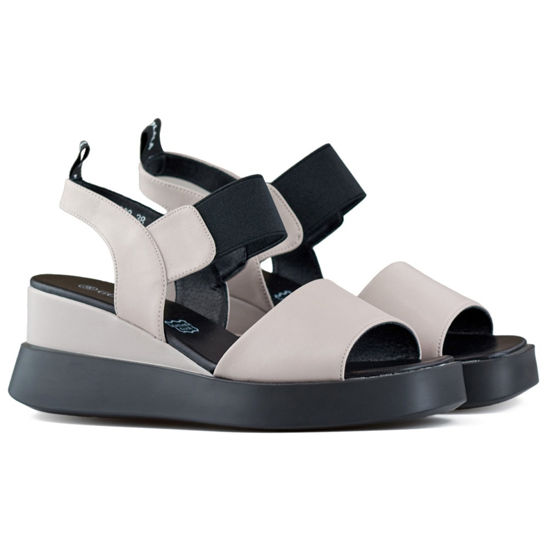 Sandale cu pană de damă din piele cu bandă elastică bej Sandale cu pană de damă din piele cu bandă elastică bej