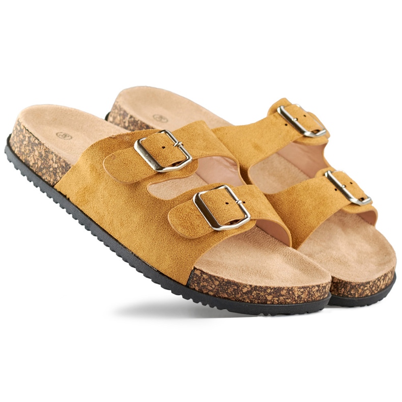 Papuci de dama caramel cu doua catarame maro Papuci de dama caramel cu doua catarame maro