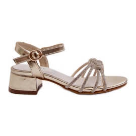 Sandale fete cu toc joase cu zirconi, Ollna aurii de aur