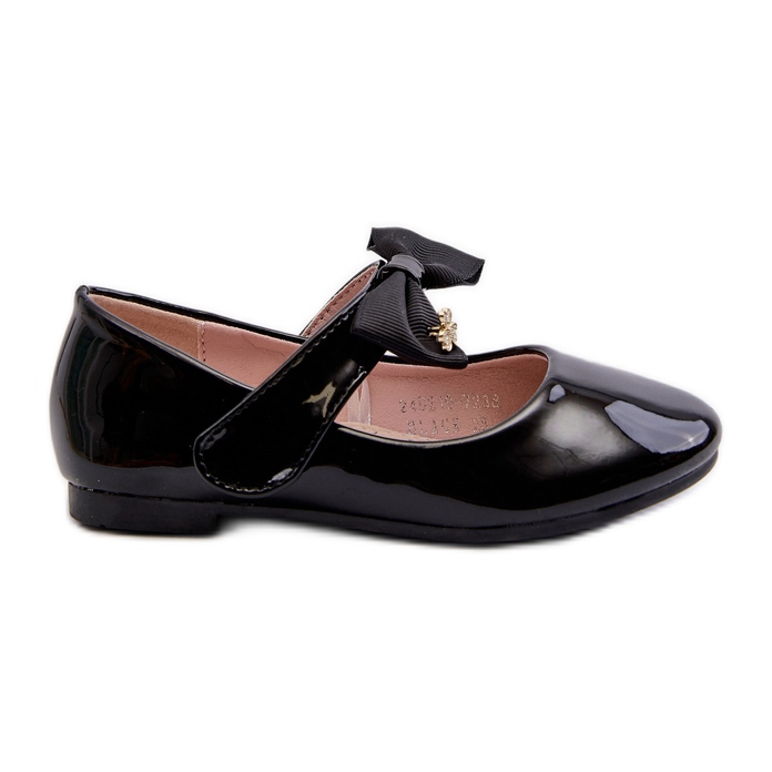 Balerini pentru copii din piele lăcuită, cu fundă cu velcro și ochi de pisică negru