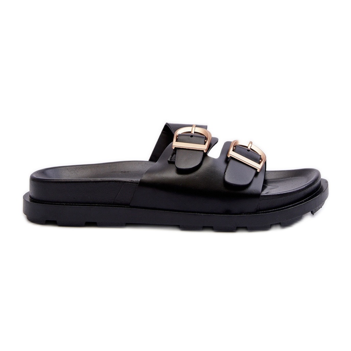 Flip-flops de damă din piele ecologică cu catarame, negru Valmira