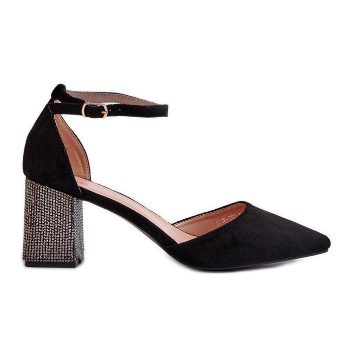 Pompi din piele intoarsa ecologica pe toc decorat, Anlitela neagra negru