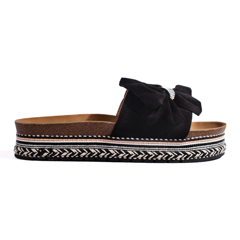 Flip-flops de piele intoarsa neagra cu fundita negru