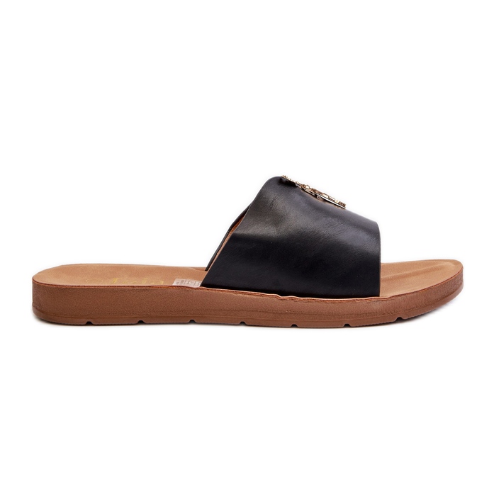 Flip-flops Dama Pe Talpa Plata Cu Decorat, Piele Eco, Makia Neagra negru
