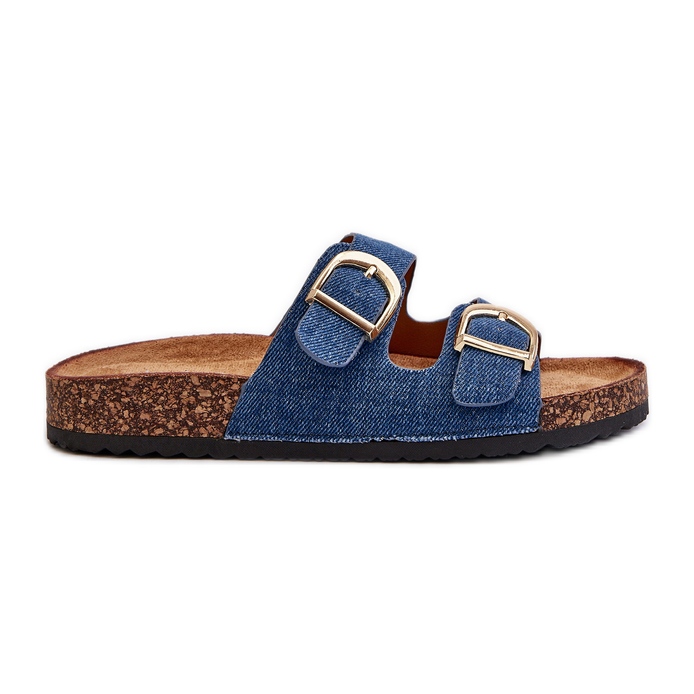 Șlapi de damă din denim pe platformă din plută cu bretele, Doretta albastru închis Șlapi de damă din denim pe platformă din plută cu bretele, Doretta albastru închis