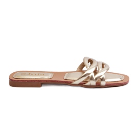 Flip-flops de damă din piele ecologică cu toc plat, Moldela aurie de aur Flip-flops de damă din piele ecologică cu toc plat, Moldela aurie de aur