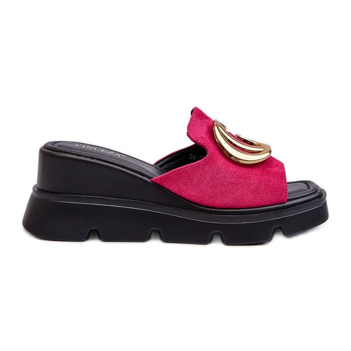 Vinceza Flip-flops de damă din piele de căprioară ecologică pe o pană și o platformă cu decor auriu Fuchsia Iaria roz