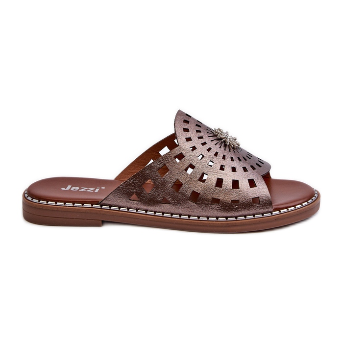 Flip-flops de damă strălucitori, cu toc plat, cu decor cupru Ebirena maro