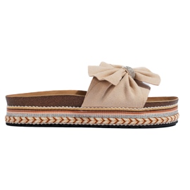 Sandale din piele intoarsa bej cu fundita