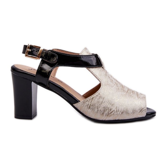 Jezzi Sandale de damă cu toc înalt din piele ecologică, auriu și negru Queenmarie de aur