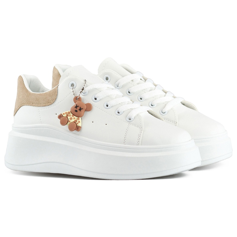 Pantofi sport albi cu talpă groasă și ursuleț de pluș bej Pantofi sport albi cu talpă groasă și ursuleț de pluș bej