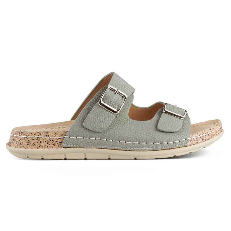 Șlapi de damă, gri, confortabili, cu două catarame și branț din piele