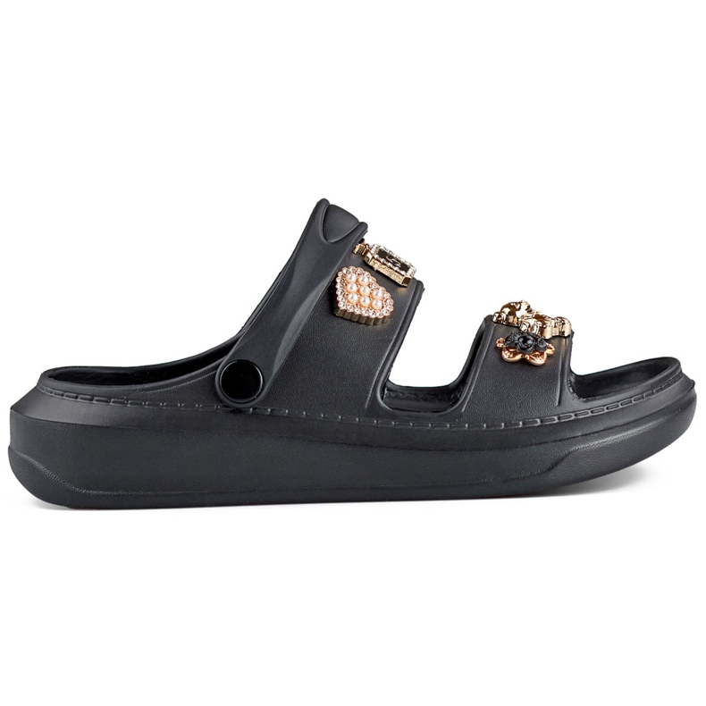 Sandale flip-flop de damă negre ușoare din cauciuc, cu elemente decorative negru