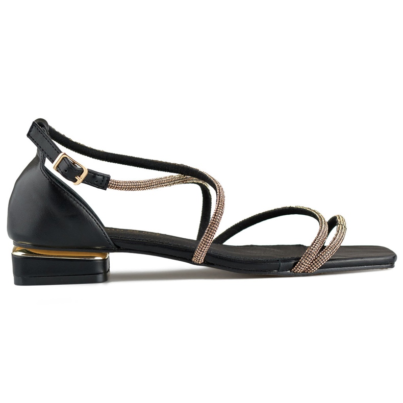 Sandale de dama elegante cu toc joase cu zirconiu cubic negru Sandale de dama elegante cu toc joase cu zirconiu cubic negru