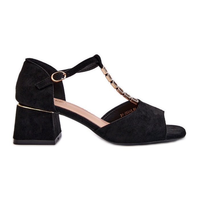 Vinceza Sandale de dama cu toc bloc si curea decorativa, piele intoarsa ecologica, Obivena neagra negru