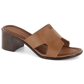 Flip-flops de damă, maro, cu toc înalt, din piele, Potocki 64300 Flip-flops de damă, maro, cu toc înalt, din piele, Potocki 64300