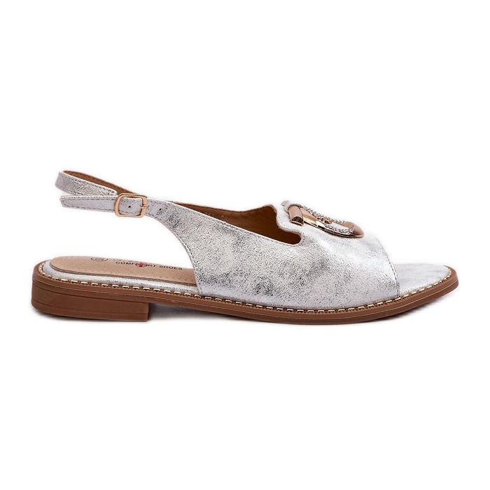 Sandale elegante de damă cu decorațiuni aurii pe tocuri plate, argintii S.Barski KV27-053