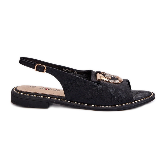 Sandale elegante de damă cu decorațiuni aurii pe tocuri plate, negre S.Barski KV27-053 negru