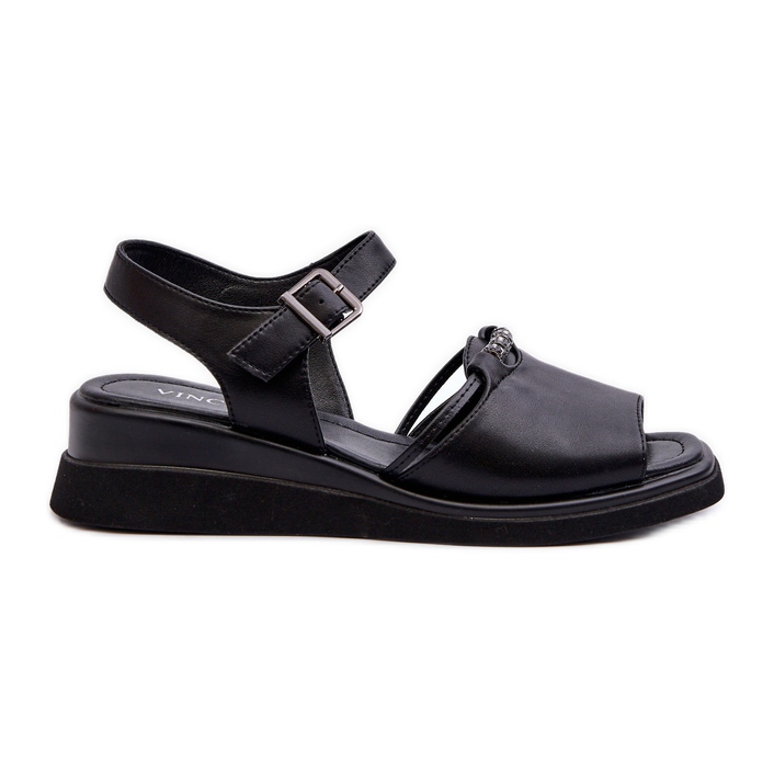 Sandale cu pană din piele de damă Vinceza 66624 Negru