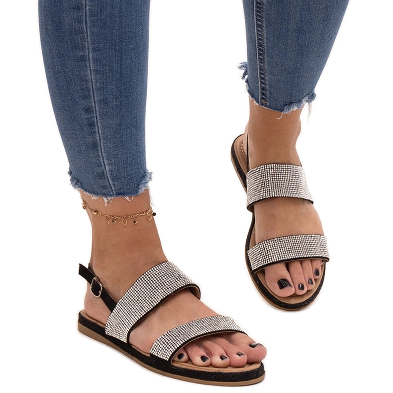 Sandale negre decorate cu zirconi Carvalia negru