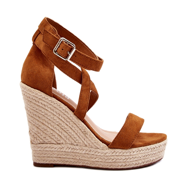 Sandale cu pană espadrille cu împletitură Camel maro