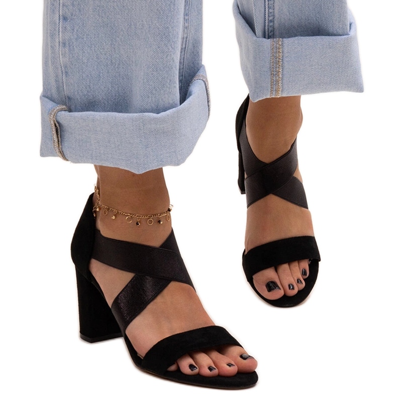 Evento Sandale negre cu toc înalt, cu branț Sewim din piele negru Evento Sandale negre cu toc înalt, cu branț Sewim din piele negru