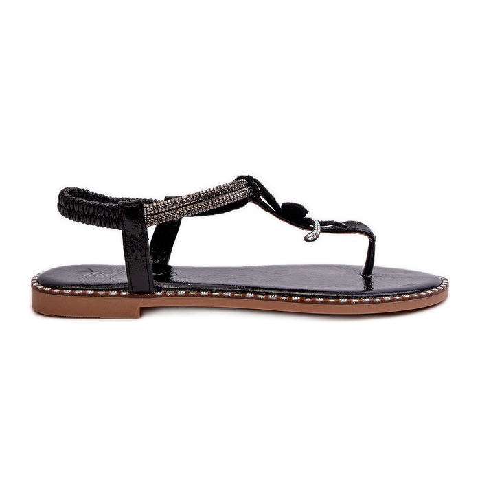 Sandale plate de dama cu o floare decorativa, Black Edoni negru