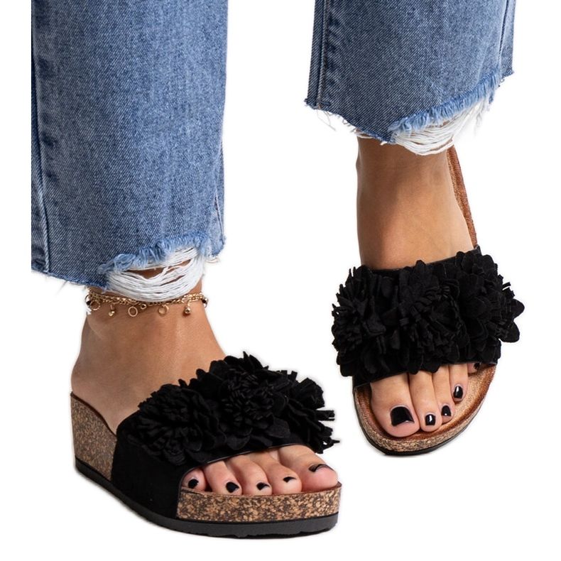 Flip-flops negri cu flori pe platforma Apolonia negru