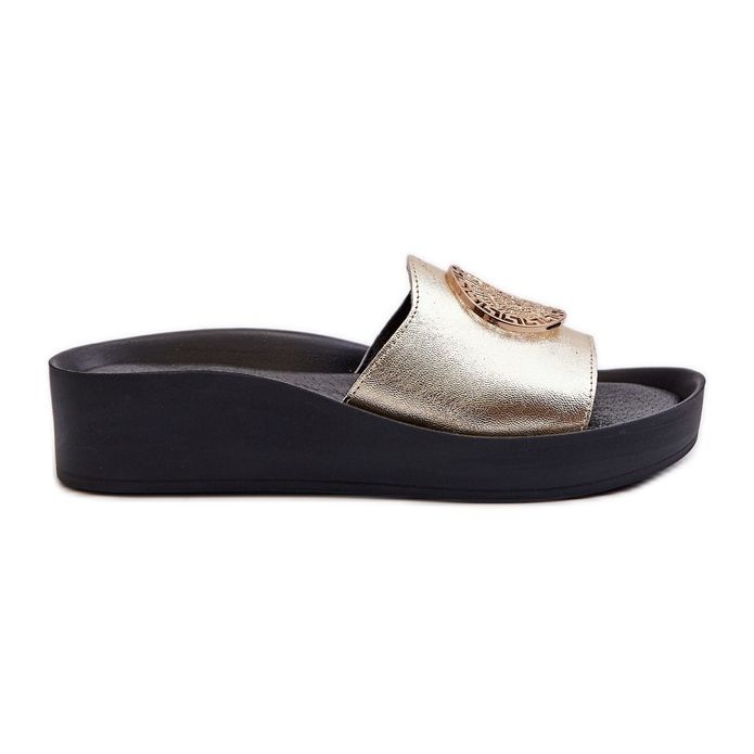 Flip-flops din piele pentru femei Zazoo 2920 cu detalii aurii aurii de aur