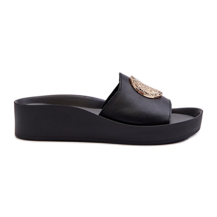 Flip-flops din piele pentru femei Zazoo 2920 cu detalii aurii Negru