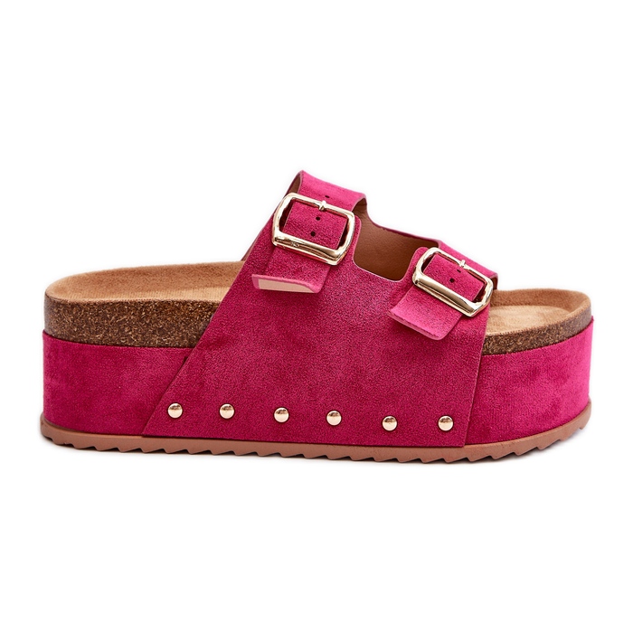 Flip-flops de damă pe o platformă masivă cu catarame fuchsia cremila roz Flip-flops de damă pe o platformă masivă cu catarame fuchsia cremila roz