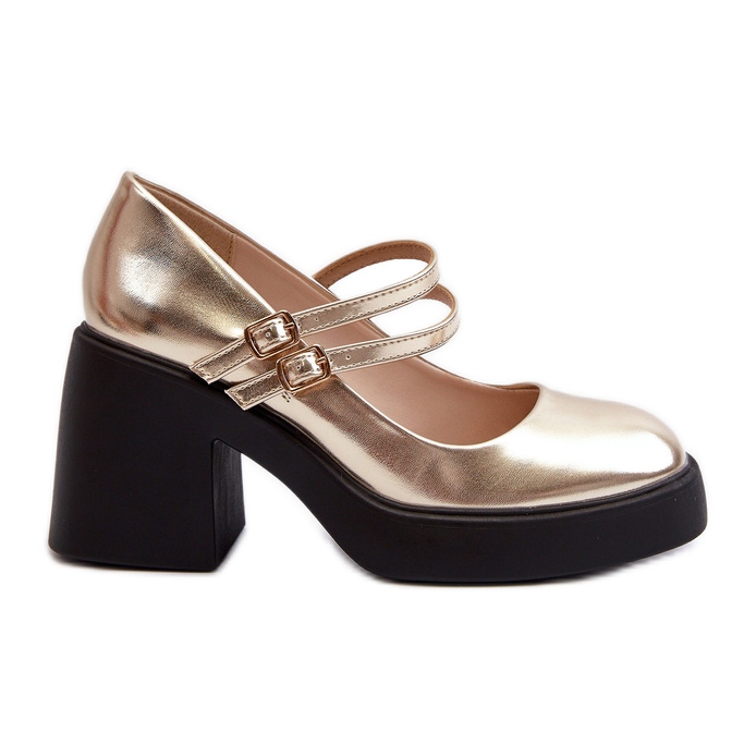 Pompi din piele ecologica cu tocuri groase, Halmina Aur de aur Pompi din piele ecologica cu tocuri groase, Halmina Aur de aur