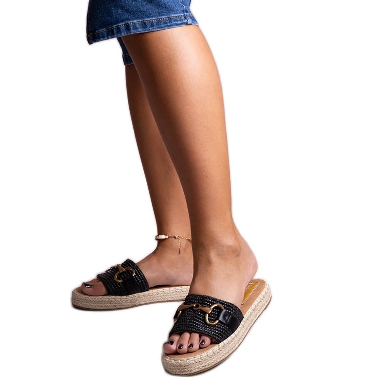Flip-flops cu espadrile negre cu cataramă aurie de la Feorie negru