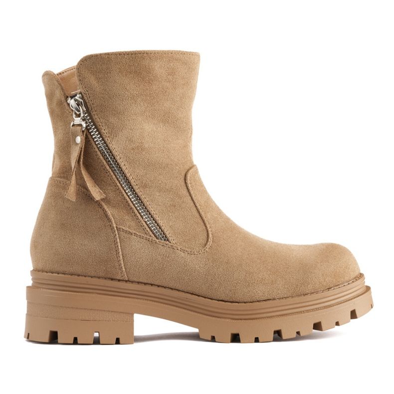 Botine de dama bej inchis cu fermoar decorativ