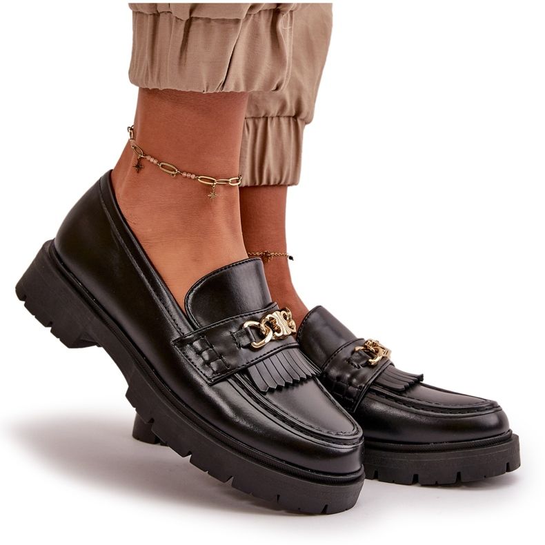 PH2 Mocasini Dama Piele Ecologica Cu Decorat Auriu, Zanita Neagra negru