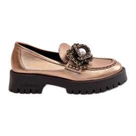 Mocasini de dama din piele decorati cu o floare, auriu CheBello 4520 de aur Mocasini de dama din piele decorati cu o floare, auriu CheBello 4520 de aur