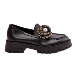 Mocasini de dama din piele decorati cu o floare, negru CheBello 4520 Mocasini de dama din piele decorati cu o floare, negru CheBello 4520