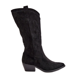 Cizme de cowboy cu toc mic pentru dama, din piele intoarsa ecologica Ligelia neagra negru