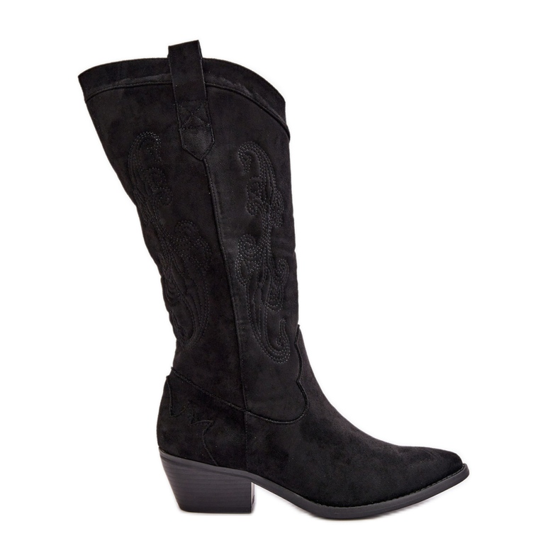 Cizme de cowboy cu toc mic pentru dama, din piele intoarsa ecologica Ligelia neagra negru