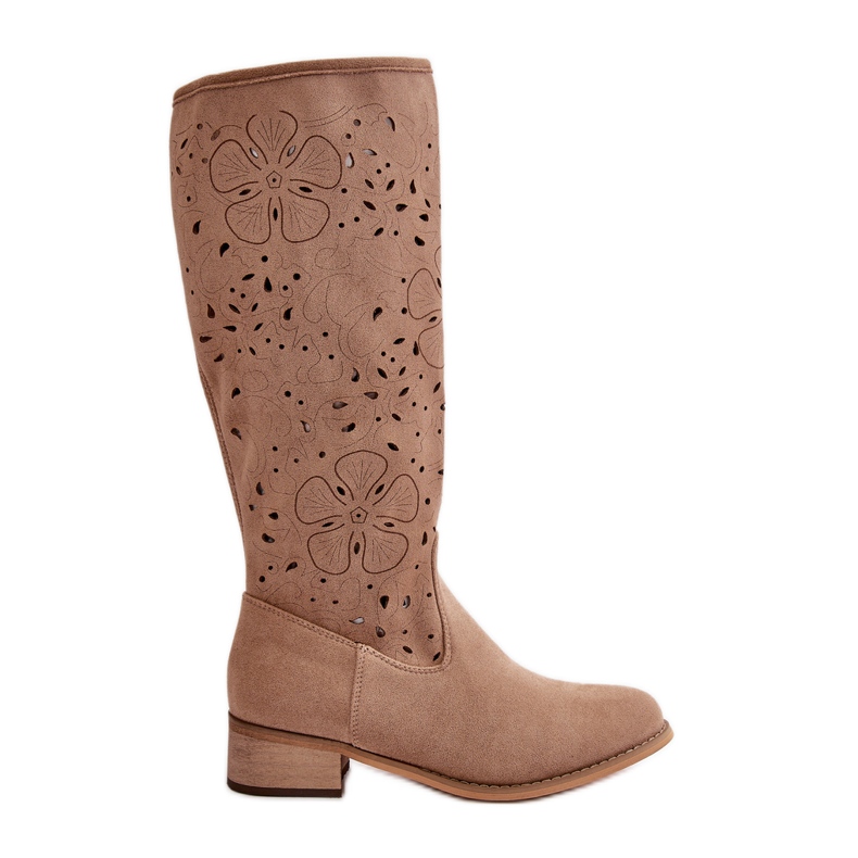 Cizme de damă ajurate, cu tocuri joase, din piele intoarsă ecologică, prinse cu fermoar, bej închis, orhidee