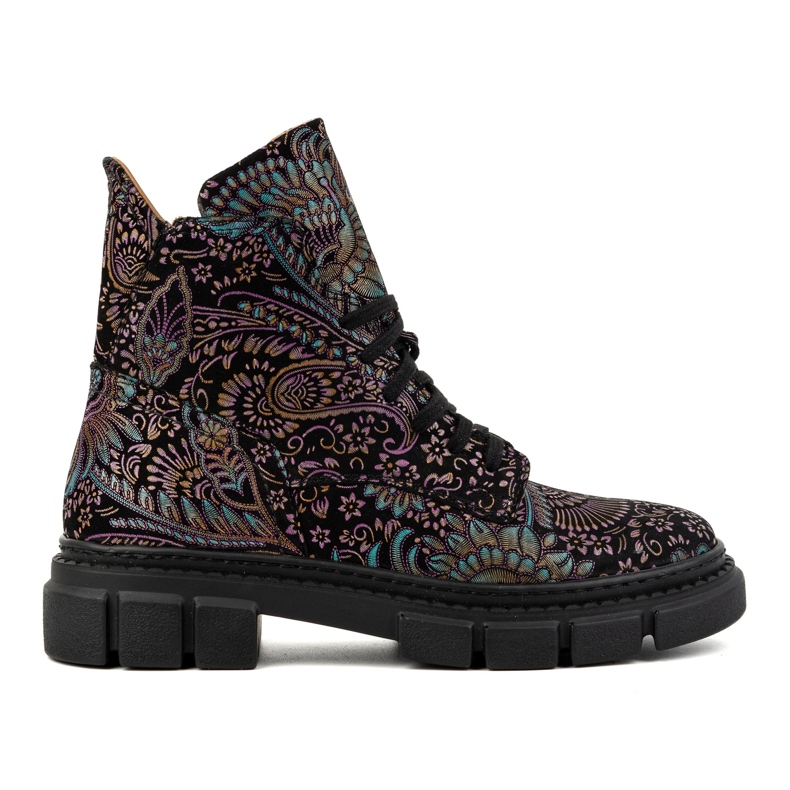 Olivier Botine de damă înalte cu șireturi, din piele, imprimeu 1227, negre multicolor