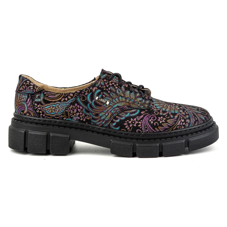 Olivier Pantofi de dama din piele cu talpa groasa, flori 1134, turcoaz multicolor Olivier Pantofi de dama din piele cu talpa groasa, flori 1134, turcoaz multicolor