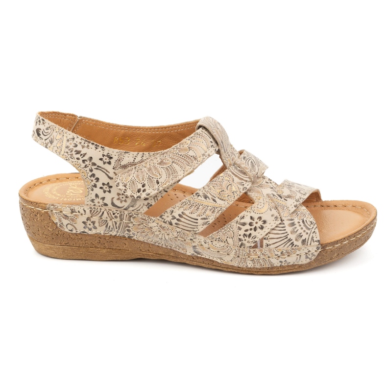 Olivier Sandale de dama cu velcro, model 0853, maro cu motiv floral