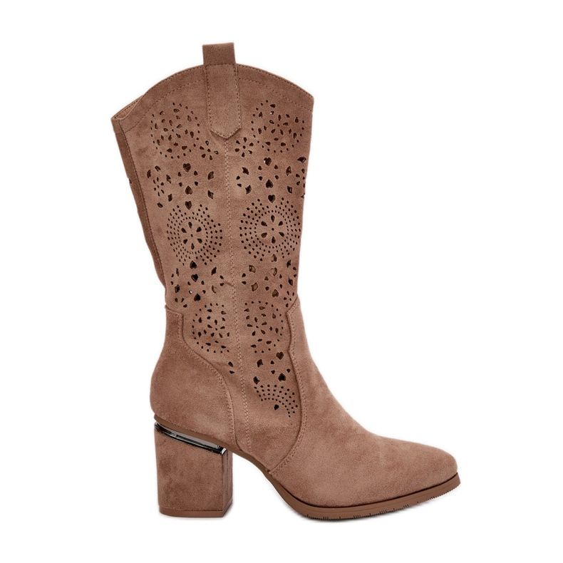 Cizme de cowboy ajurate pentru damă, cu toc înalt, din piele ecologică, bej S.Barski HY42-028