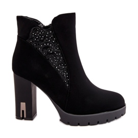 PS1 Botine izolate de dama pe toc inalt cu broderie, Black Verissae negru