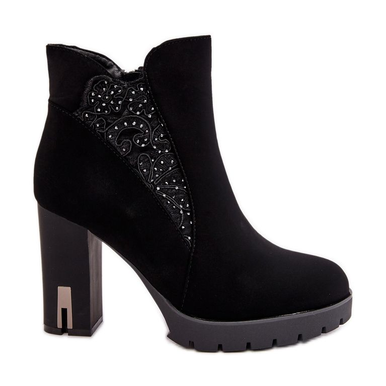 PS1 Botine izolate de dama pe toc inalt cu broderie, Black Verissae negru